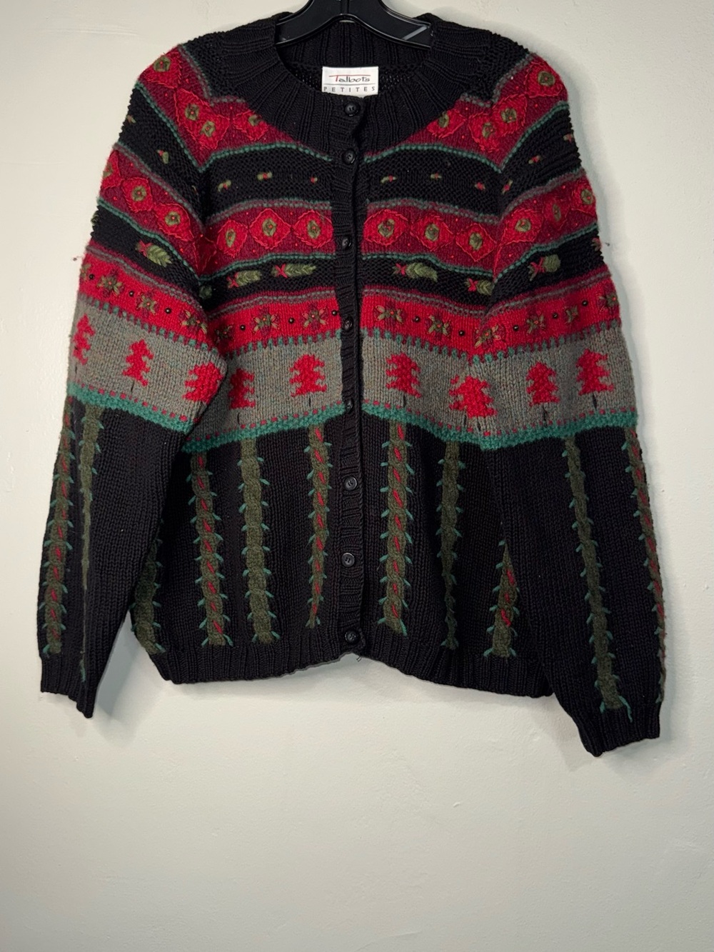 Talbots Petite Black Fair Isle Sweater Cardigan with Red and Green Accents